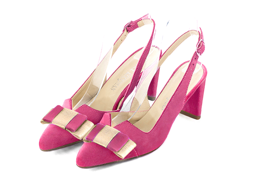 Fuschia pink and gold women's open back shoes, with a knot. Tapered toe. Medium comma heels. Front view - Florence KOOIJMAN